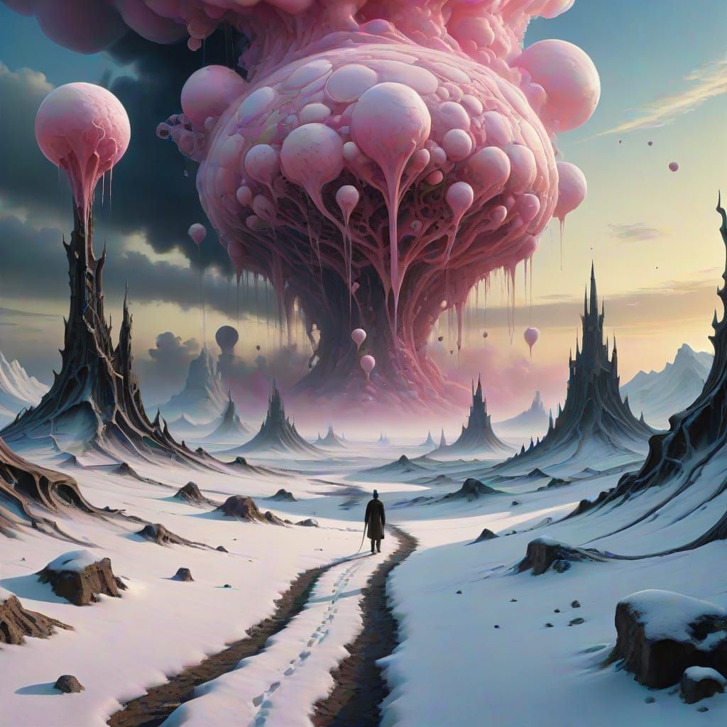 Surreal Pink Mist Descends on Frozen Valley