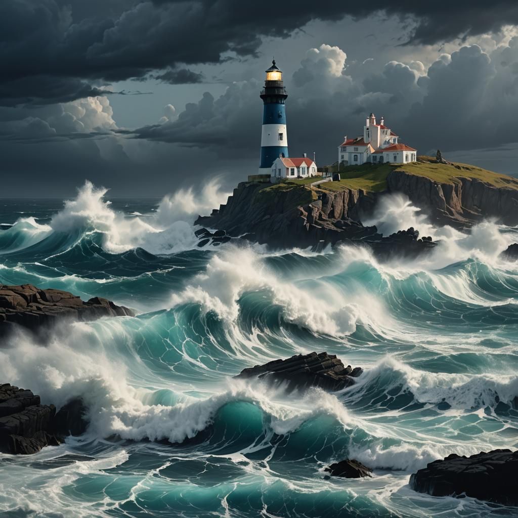 Lighthouse Stands Strong in Stormy Sea: Digital Painting