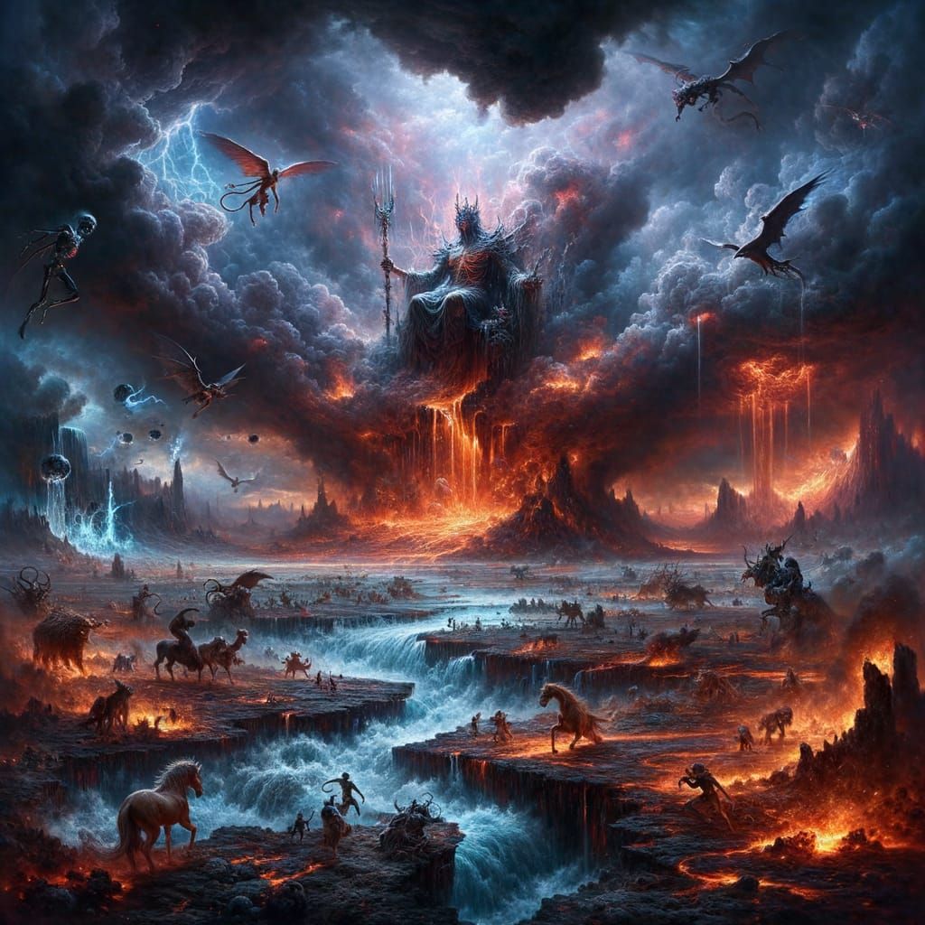 Figure on Throne Amidst Merging Elements in Desolate Wastela...