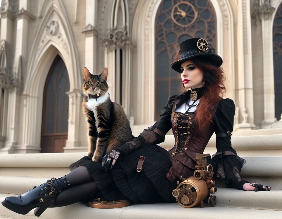 steampunk woman with her cat