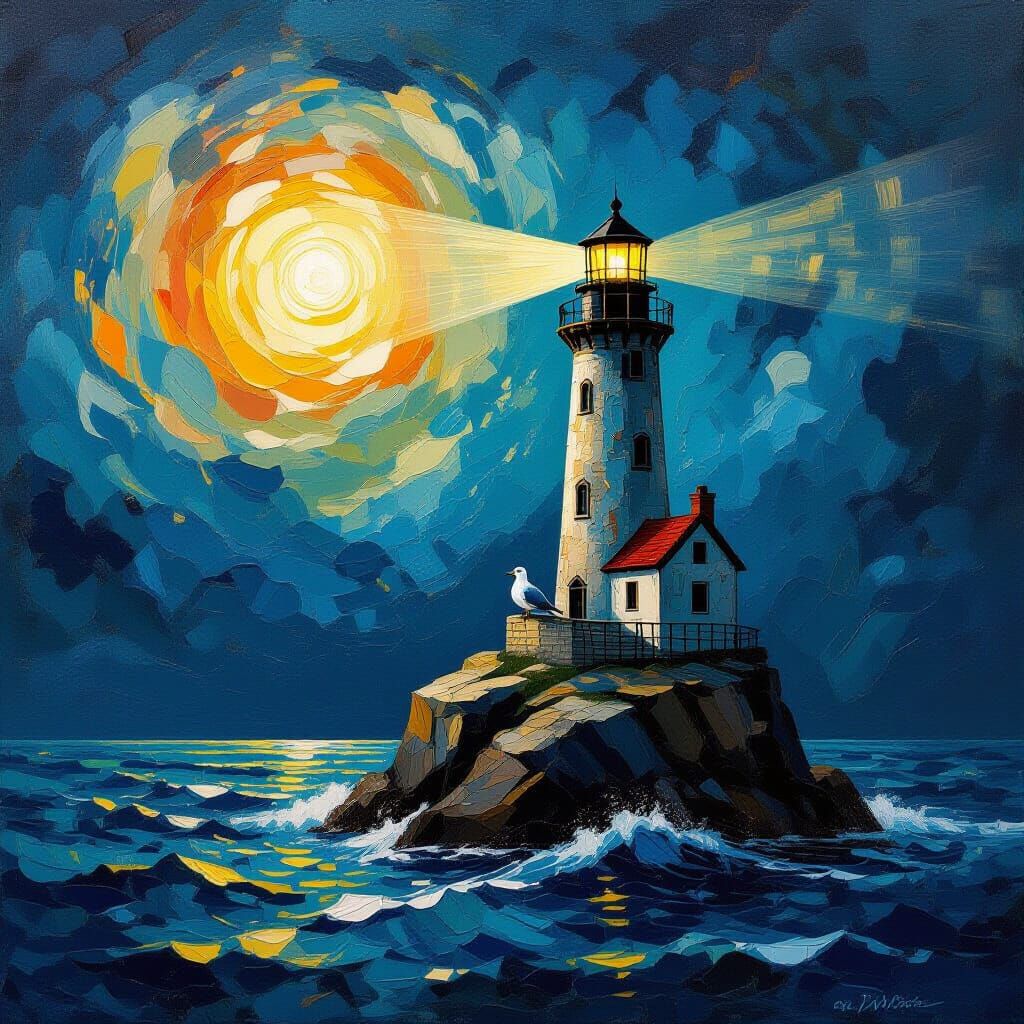 Cosmic Lighthouse in Swirling Nebula, Impasto Style