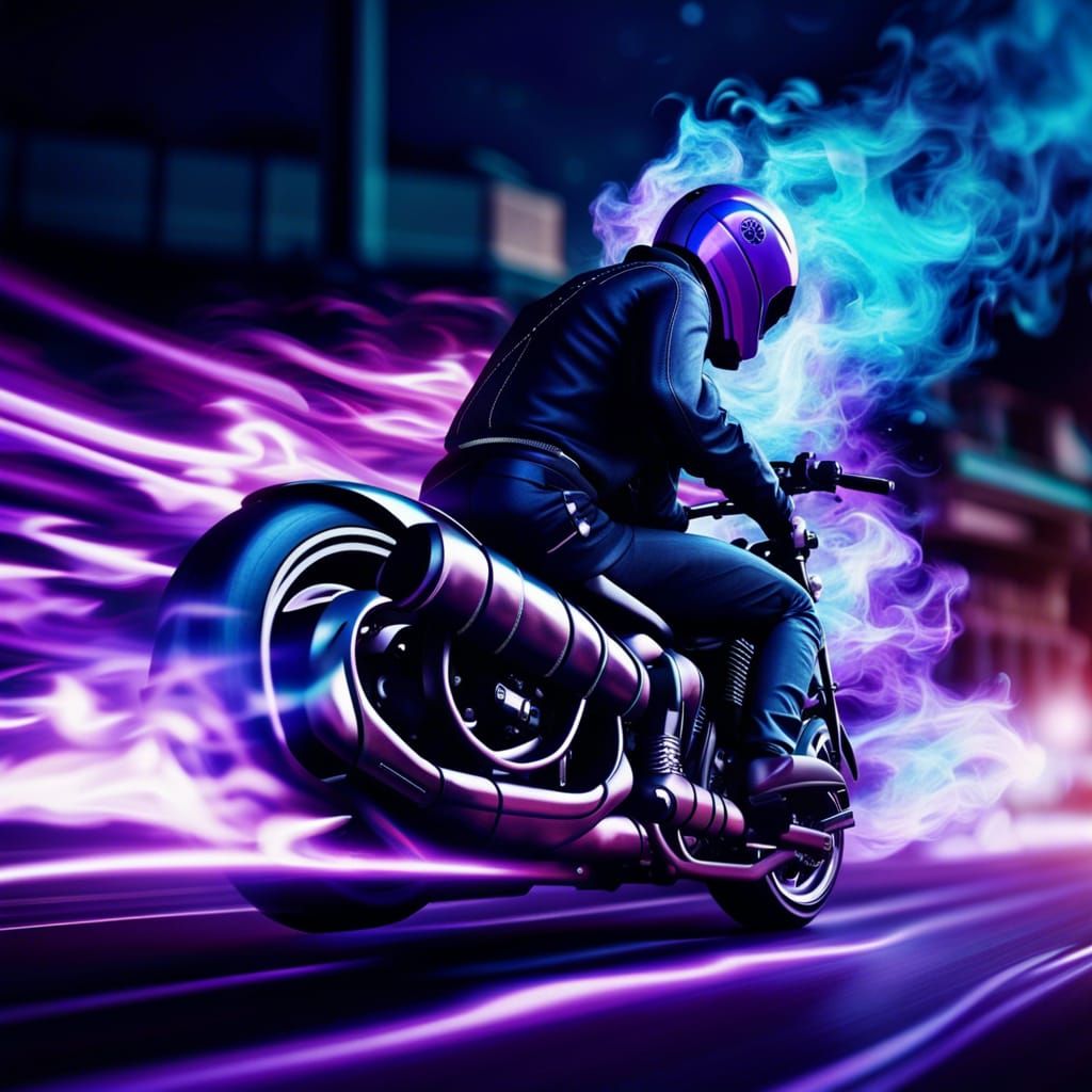 Motorcycle with Flame Exhaust in Dieselpunk Style