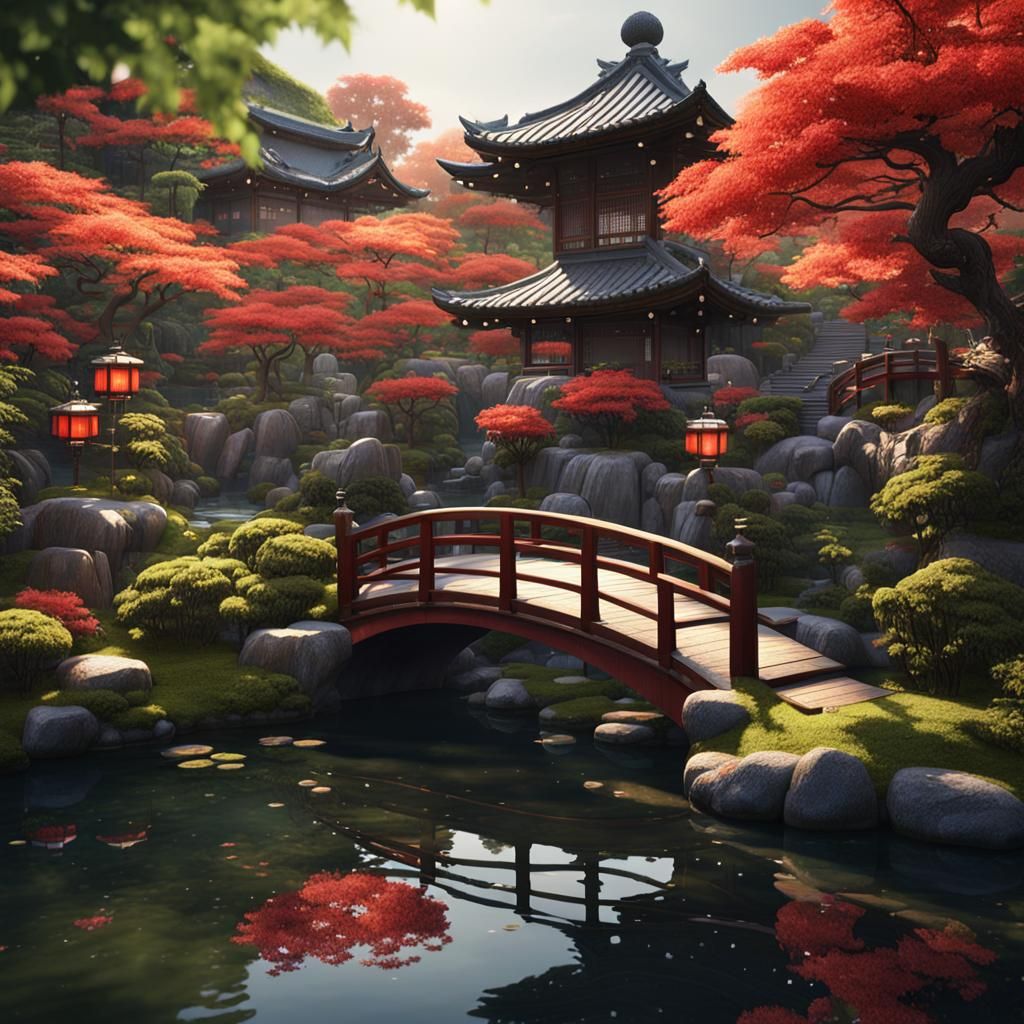 Zen Japanese Garden with Lanterns and Waterfall
