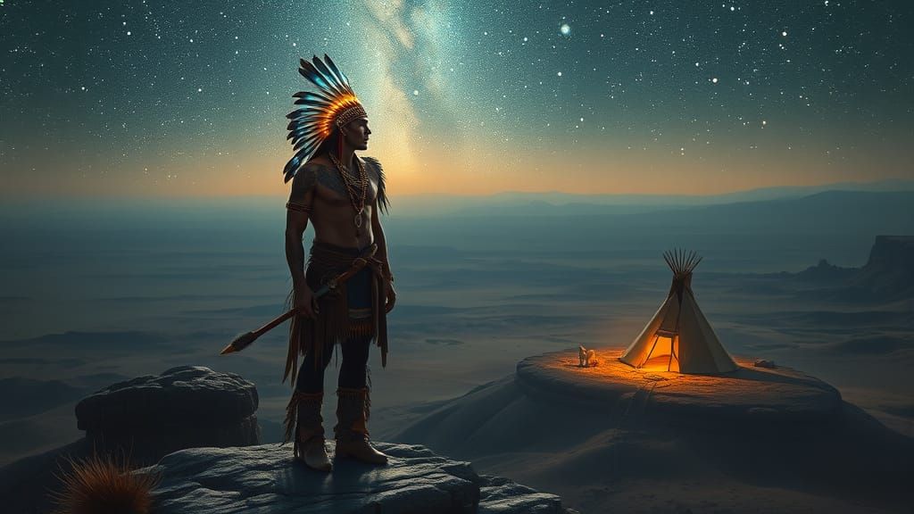 Native American Chief Overlooking Starlit Desert