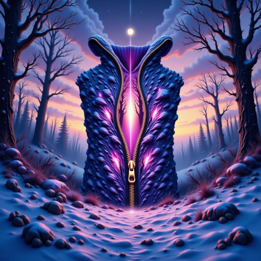 Surreal Winter Landscape Zipper Revealing Bio-Mechanical Inv...