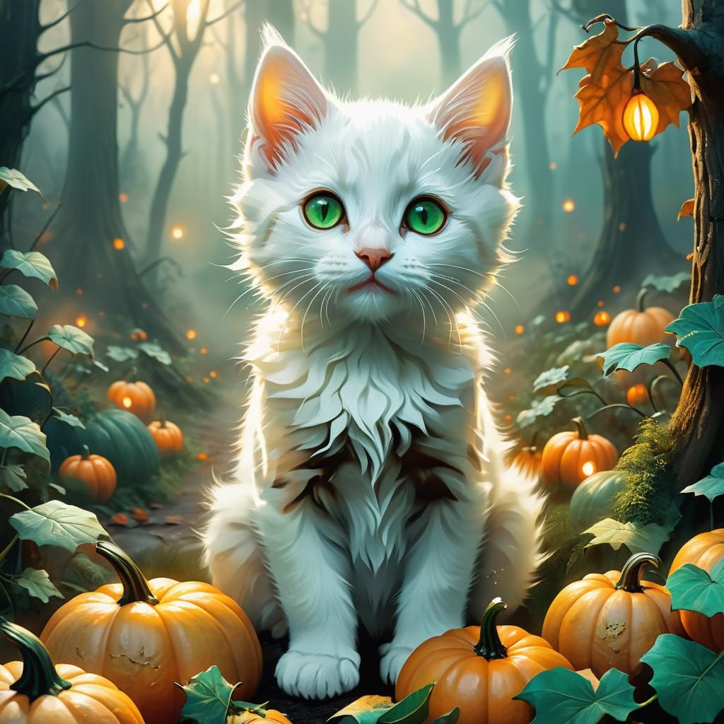 Green Eyed Kitten in Foggy Pumpkin Patch