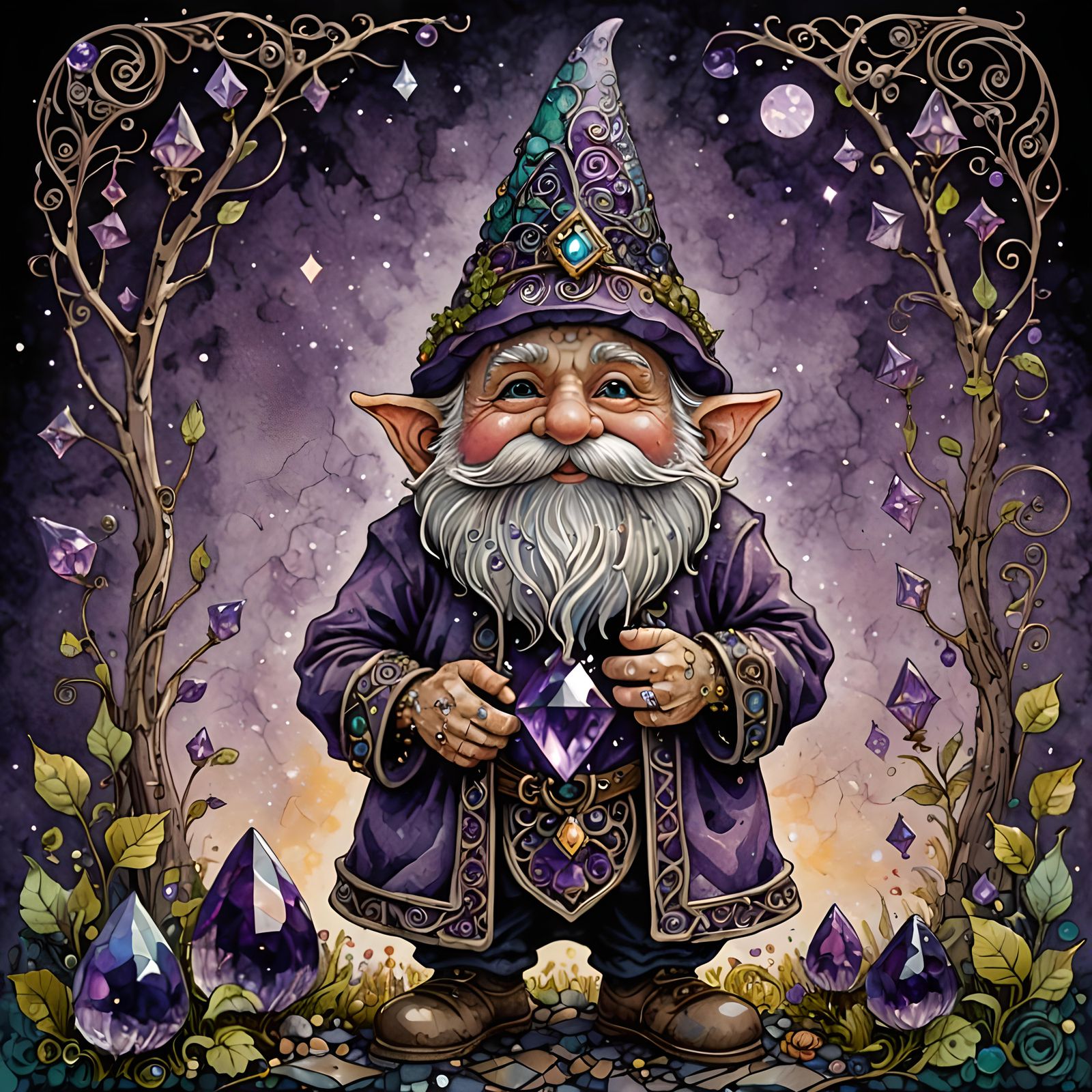 Gnome Adorned with Amethyst Jewelry in Zentangle Style