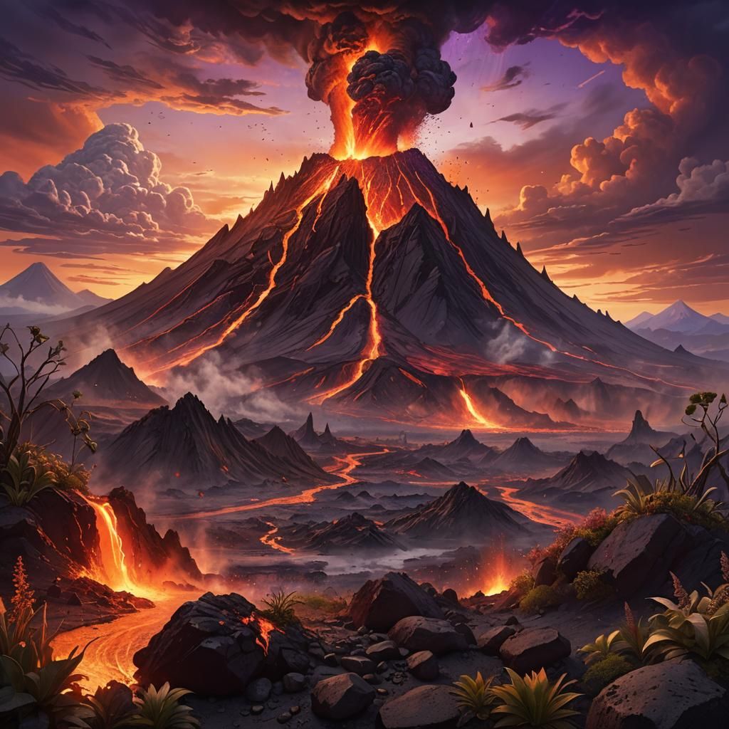 Volcanic Eruption at Sunset: Fantasy Matte Painting