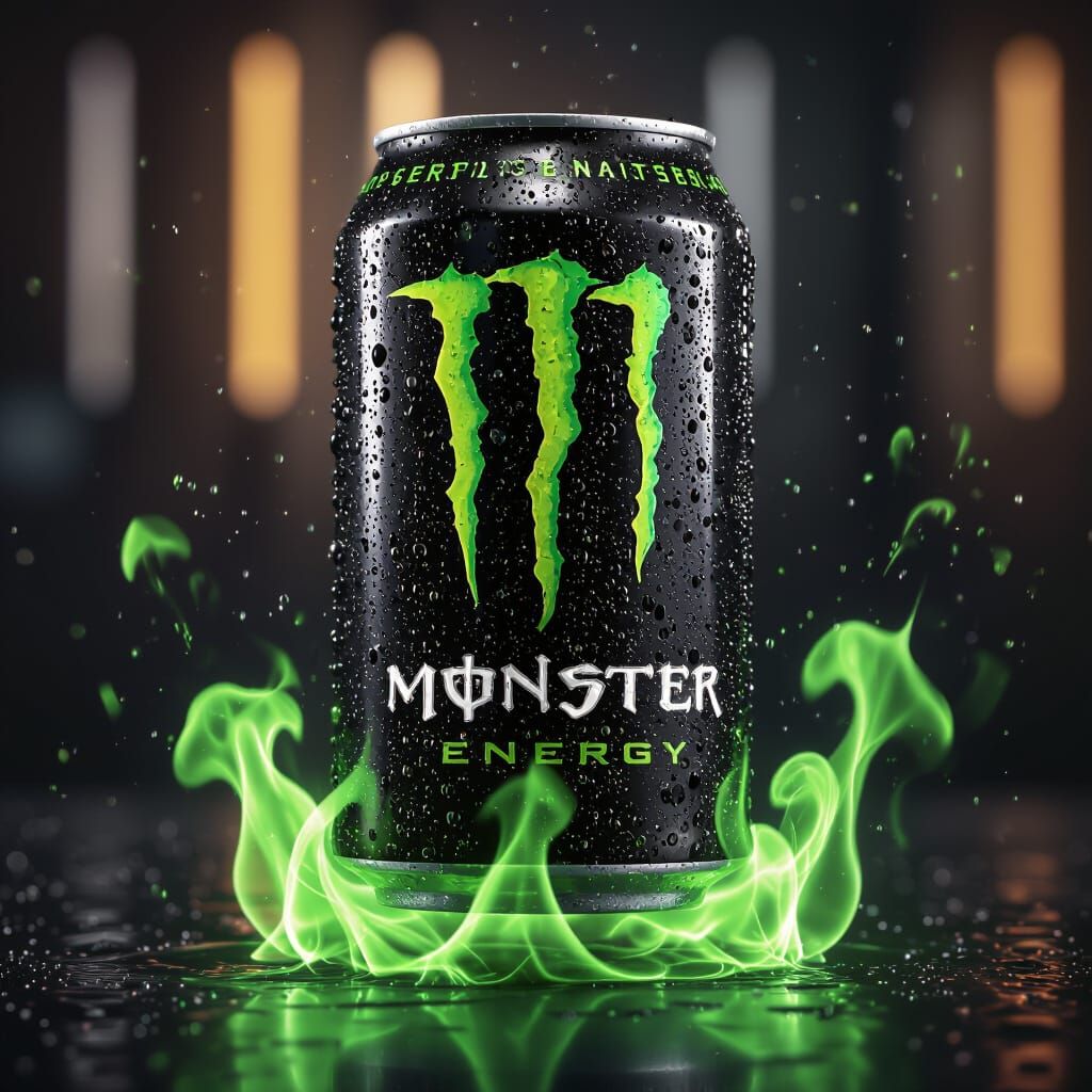 Monster Energy Can Suspended in Neon Flames