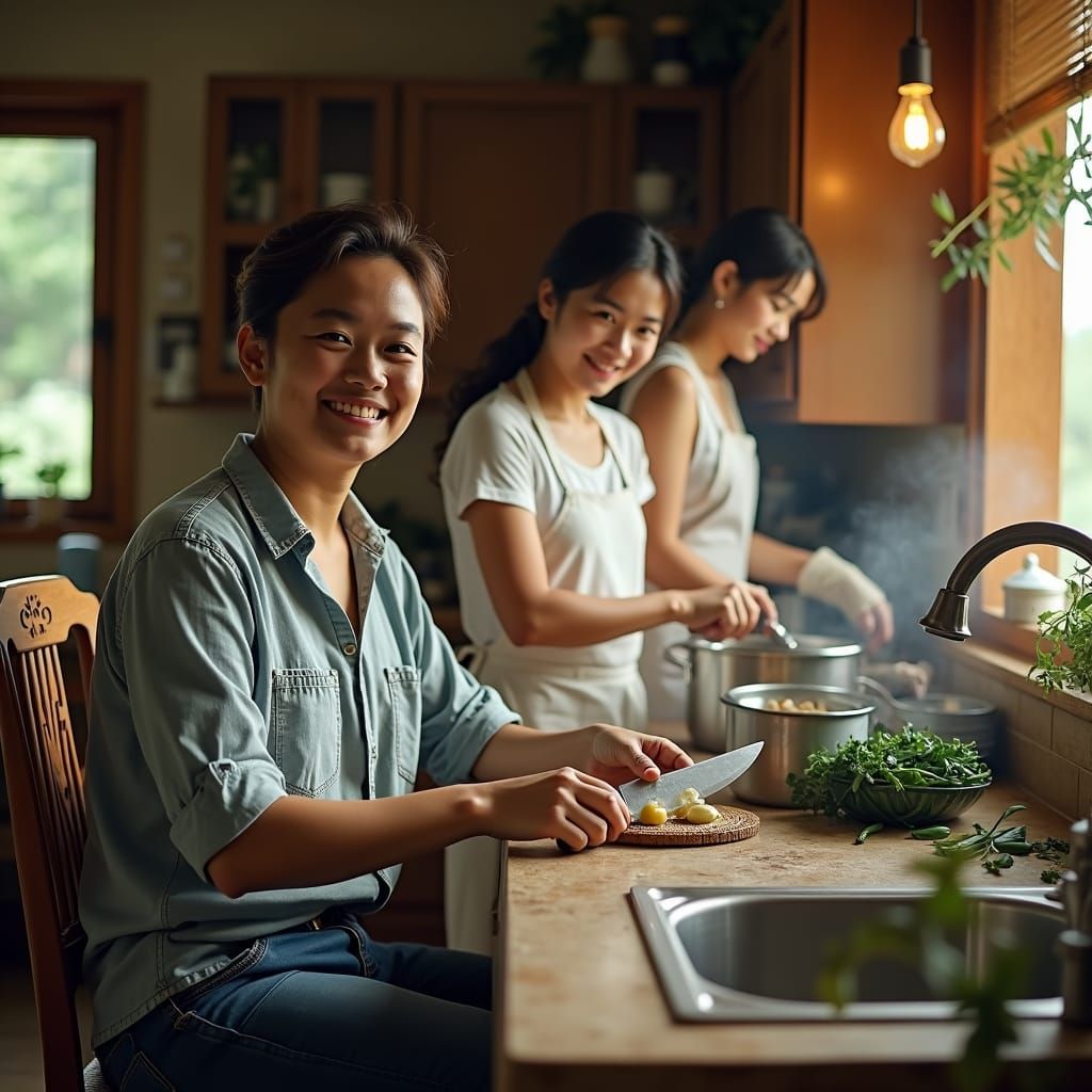 People in Kitchen with Cinematic Lighting