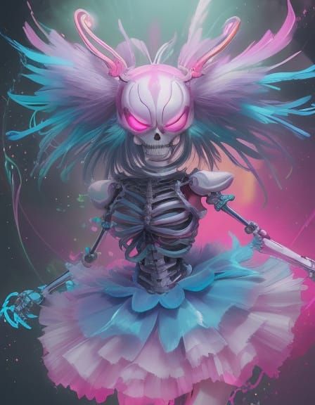 Cheerful Skeleton Dances in Pastel Anime Landscape