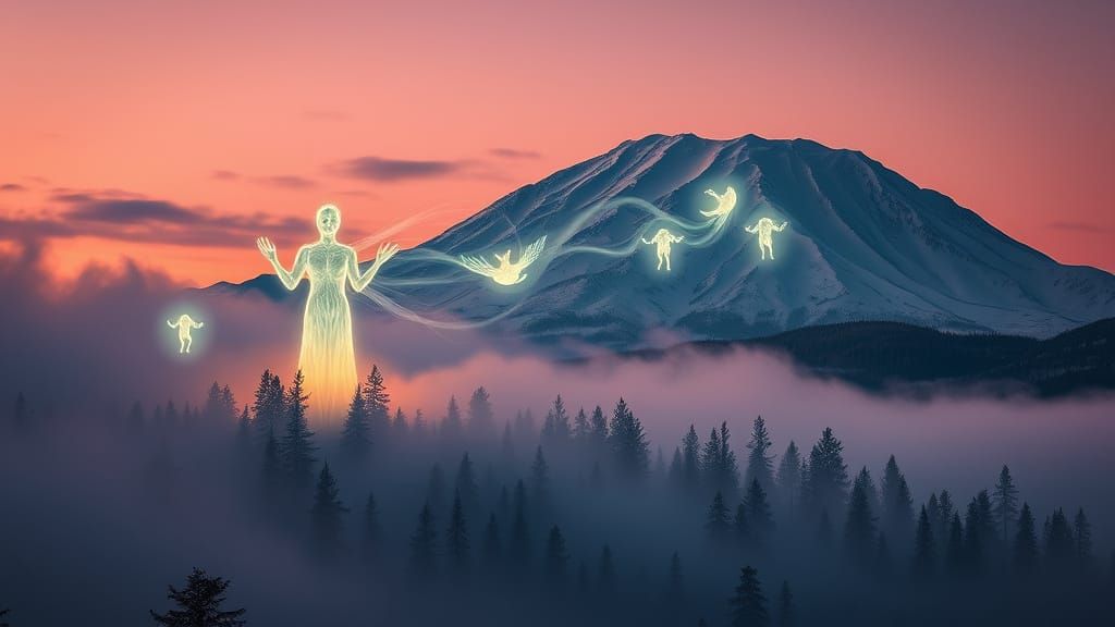 Ethereal Spirits Over Mount Shasta at Twilight, Mystical Mou...