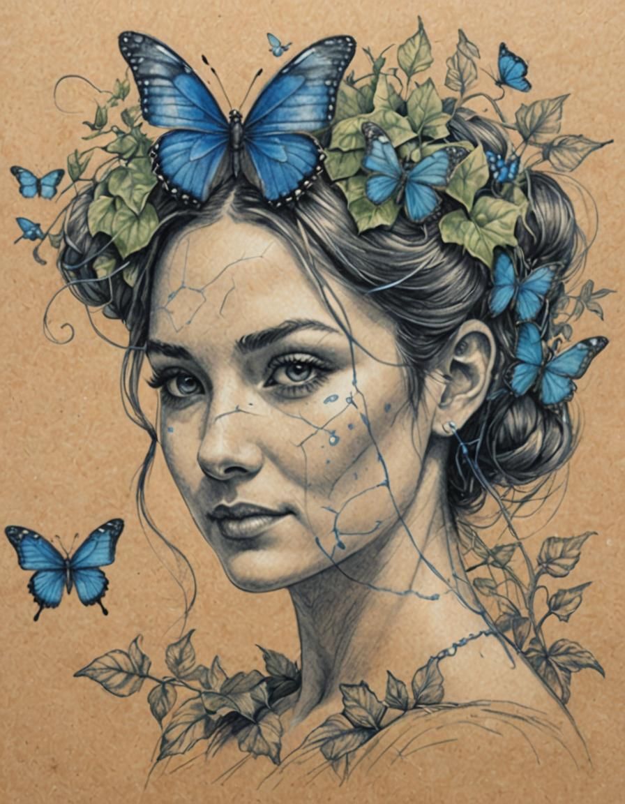 Pencil Sketch: Lady with Butterfly Crown