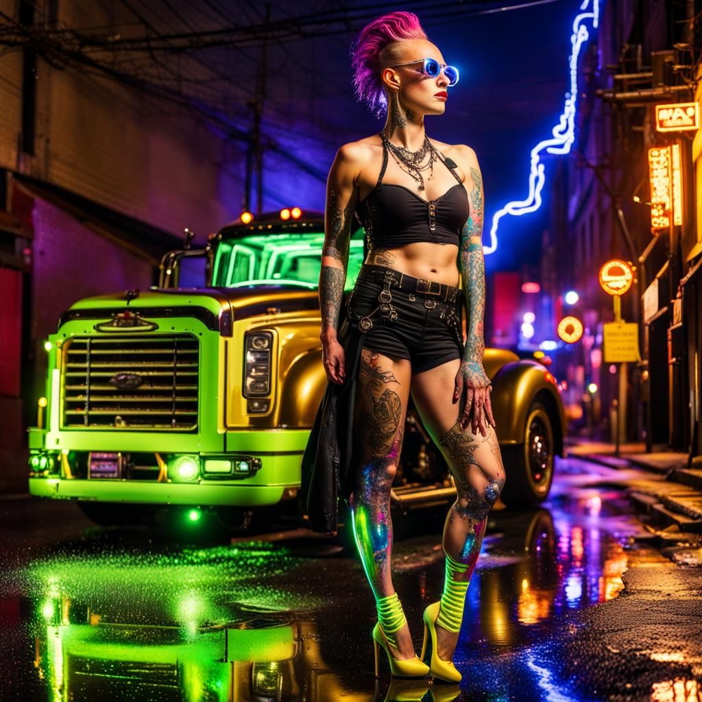 Steampunk Supermodel with Neon Tattoos in Cyberpunk City