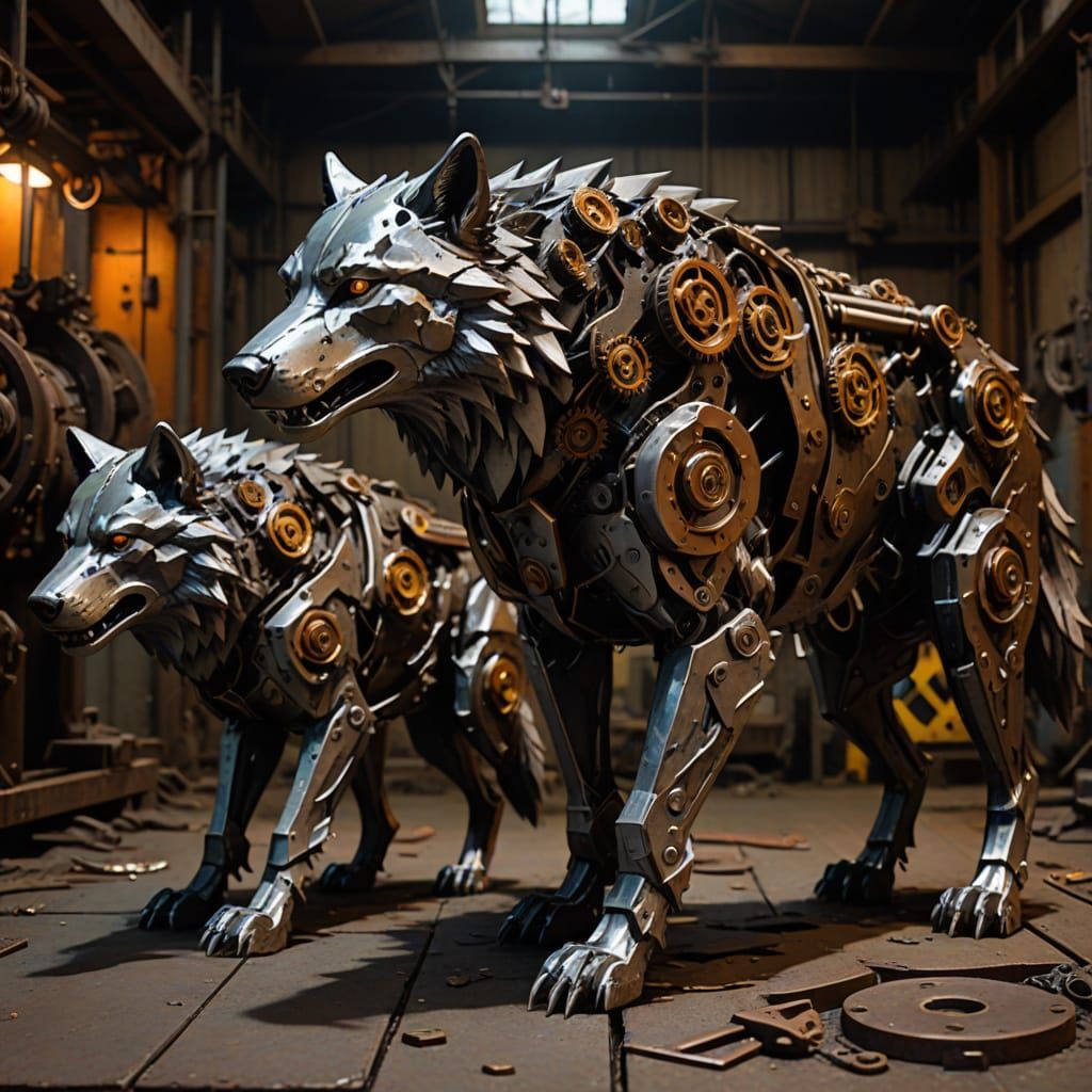 Industrial Metal Wolves with Eerie Glow