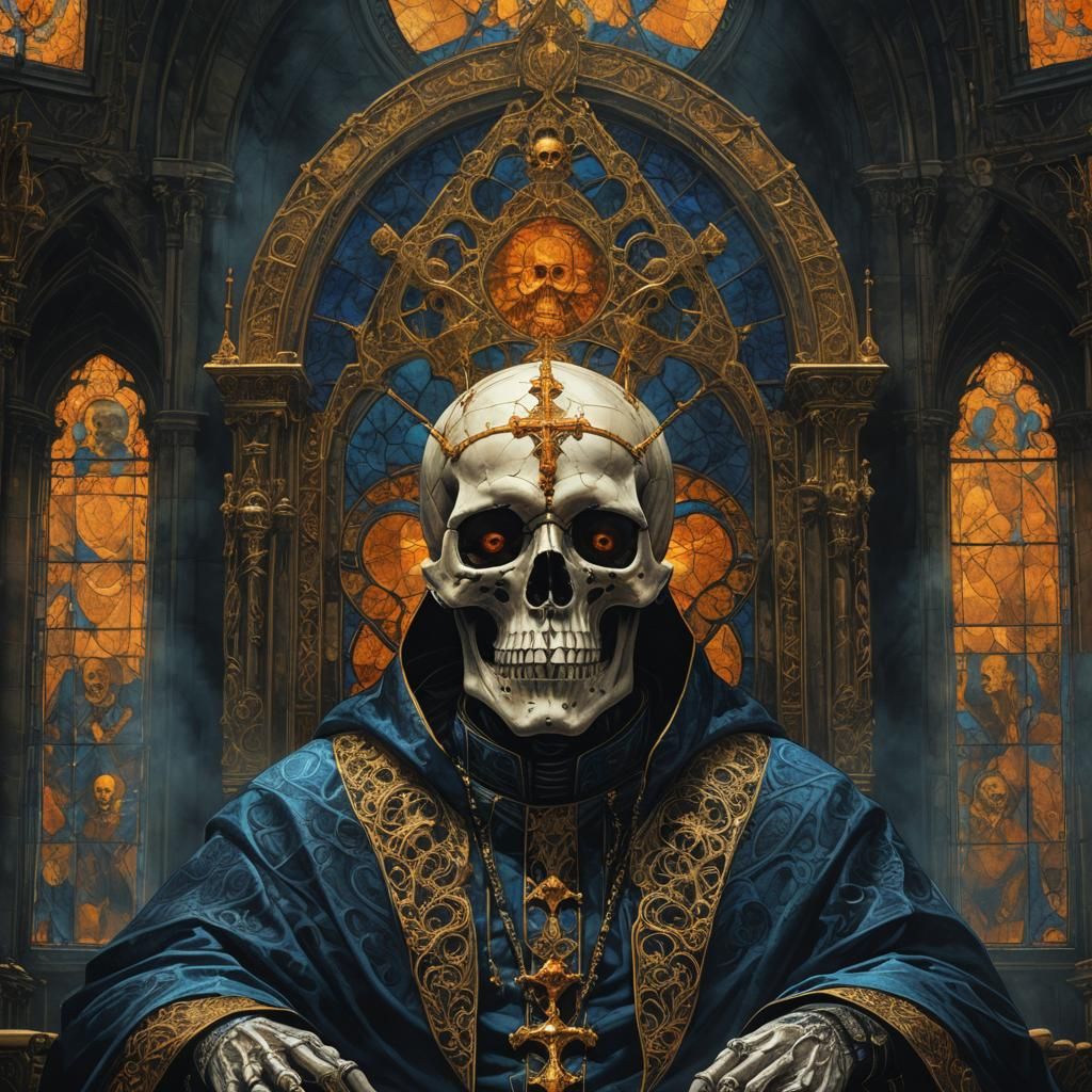Skull Pope in a Mystical Cathedral: Dark Fantasy Art