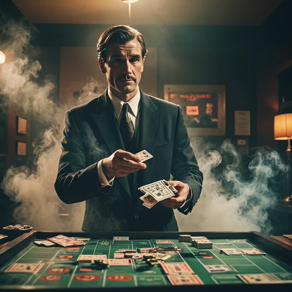 Dramatic Film Still: Businessman with Monopoly Board