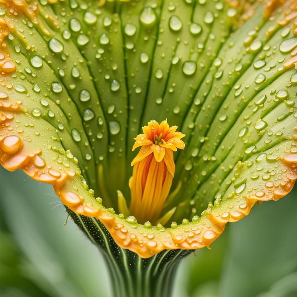 Water Droplet on Zucchini Flower: Hyperdetailed Macro