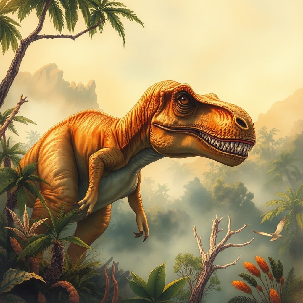 Dinosaur in Lush Jurassic Environment, Watercolor Style