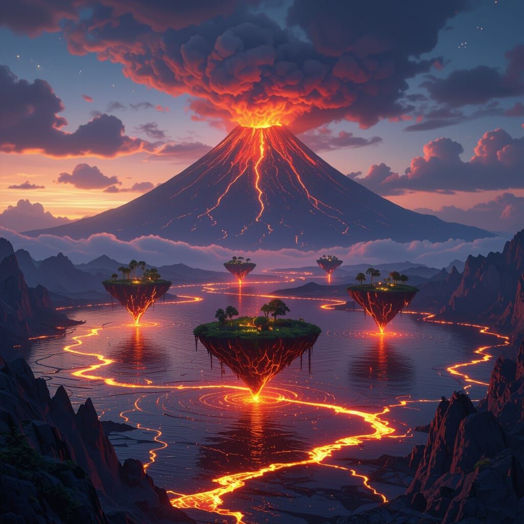Floating Islands Above Lava Lake, Detailed Matte Painting