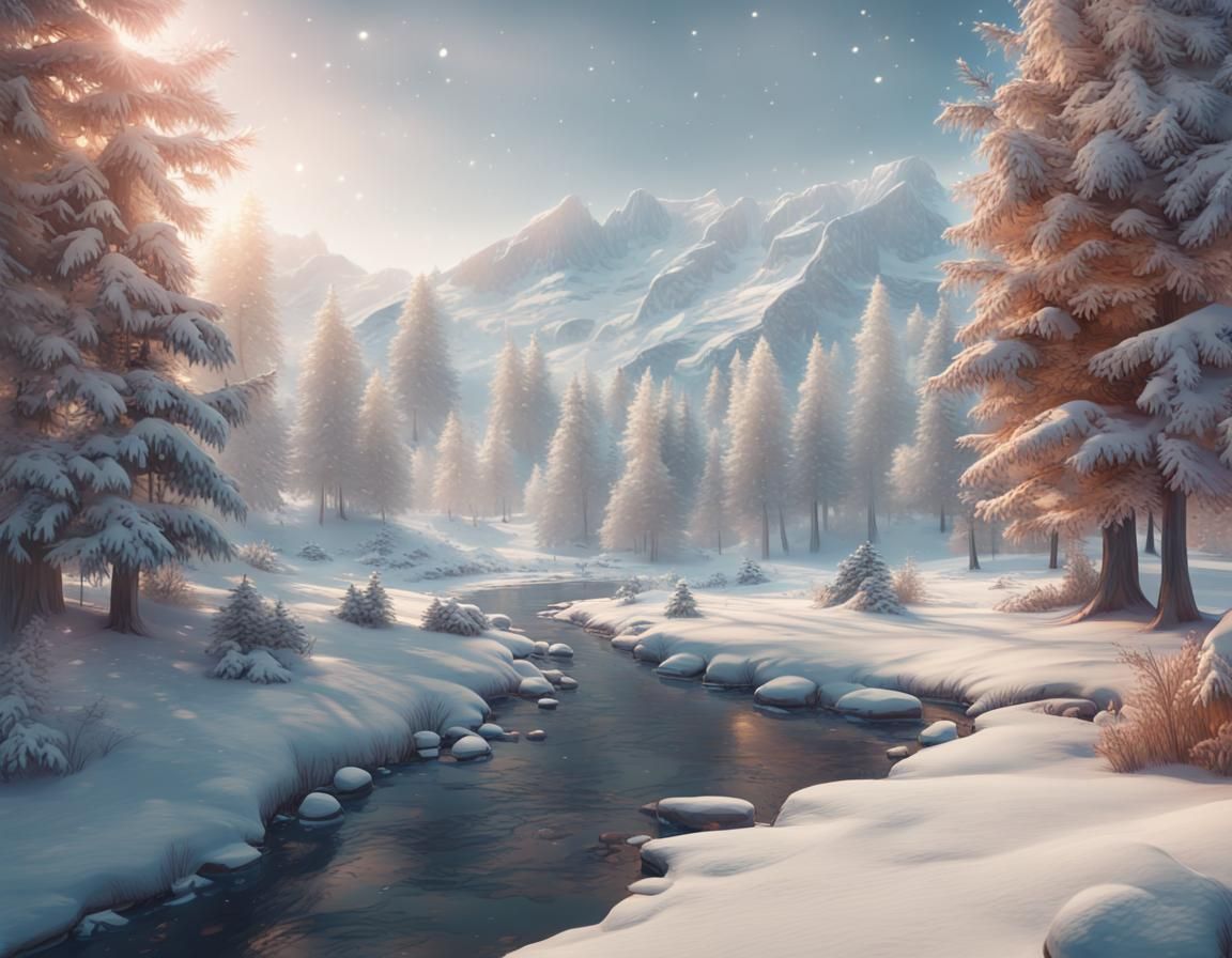 Vivid Winter Christmas Landscape in Hyperrealistic Style