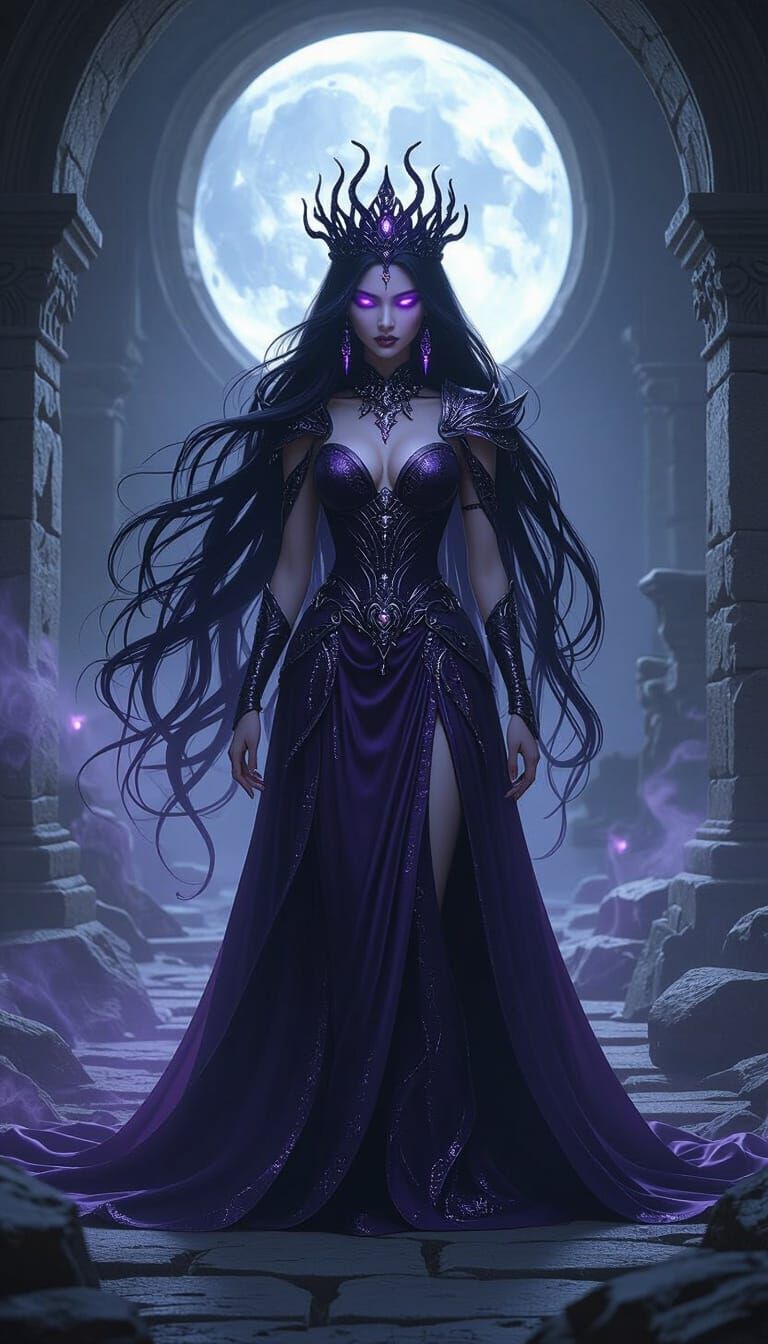 Mysterious Dark Queen in Moonlit Hall, Fantasy Realism