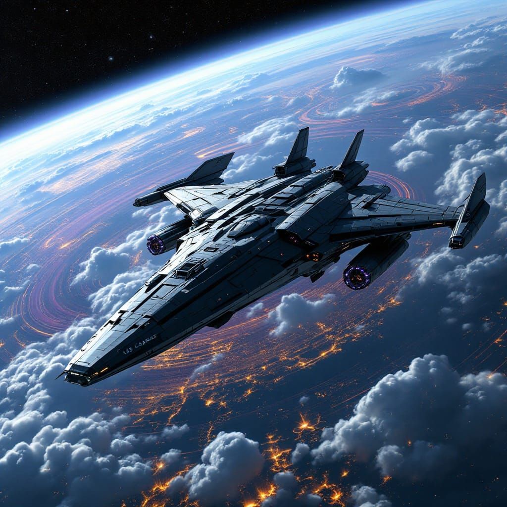 Futuristic Military Spacecraft in Orbit Over a Dark Purple P...