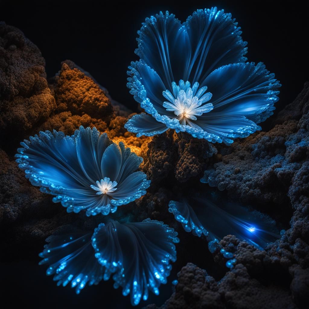 Bioluminescent Quartz Flower in Fantasy Cave