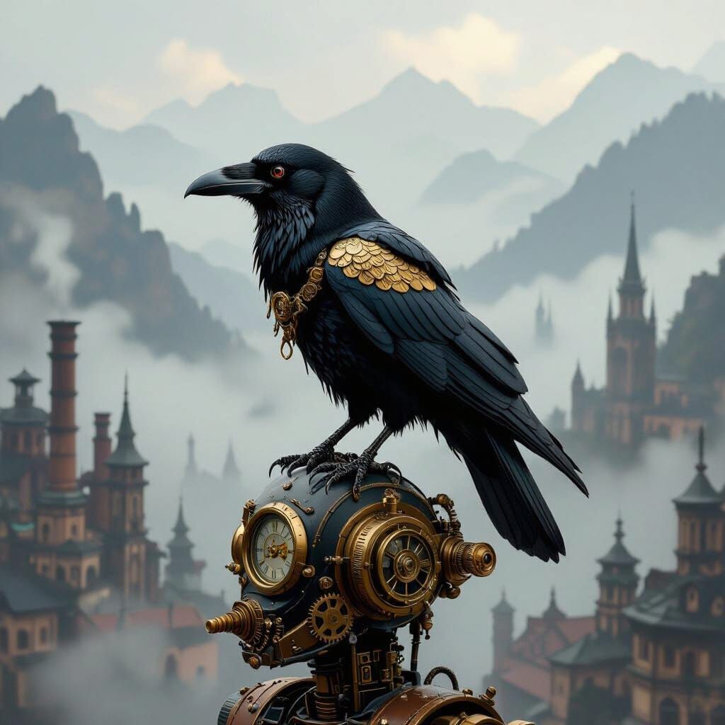 Steampunk Raven and Automaton Over Foggy Mountains