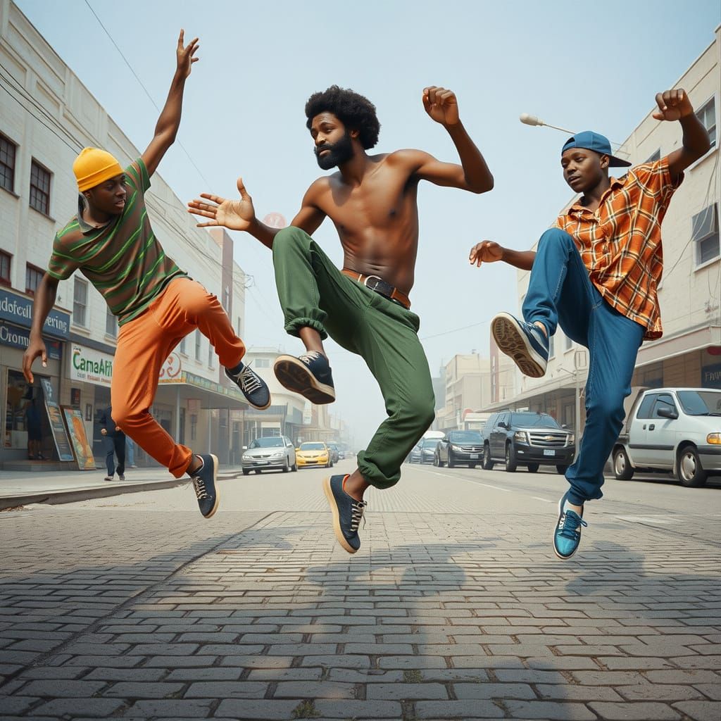 Three Black Men Dancing Outdoors in Sunlight