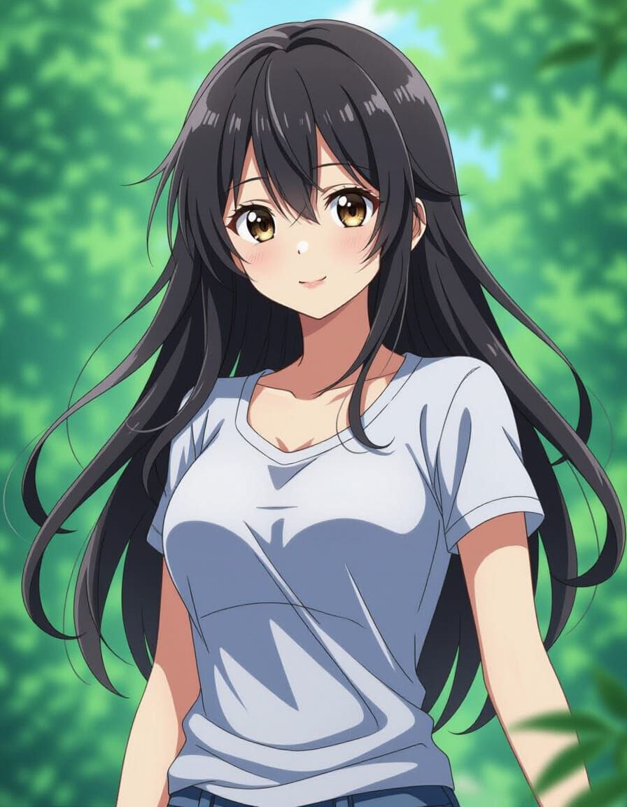 Anime Girl with Black Hair and Brown Eyes in Vibrant Style