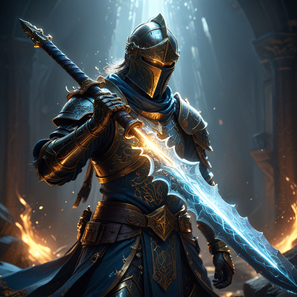 Ethereal Holy Knight Radiates Light Aura with Ebony Sword