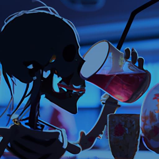 Plague Mask Skeleton Sipping Bloody Goblet, Anime Style
