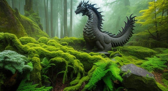 Mystical Stone Dragon in Misty Woodland