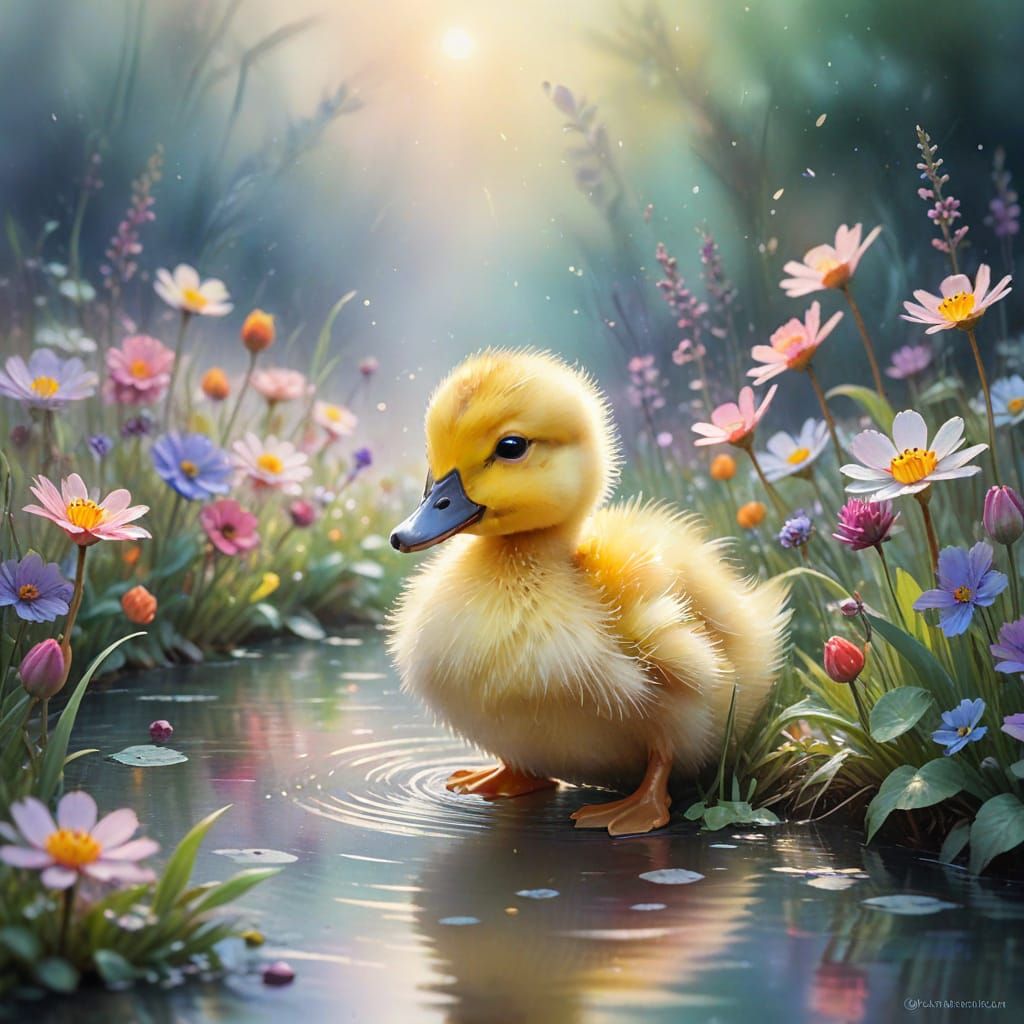 A duckling in a watercolor-inspired digital painting, with a...