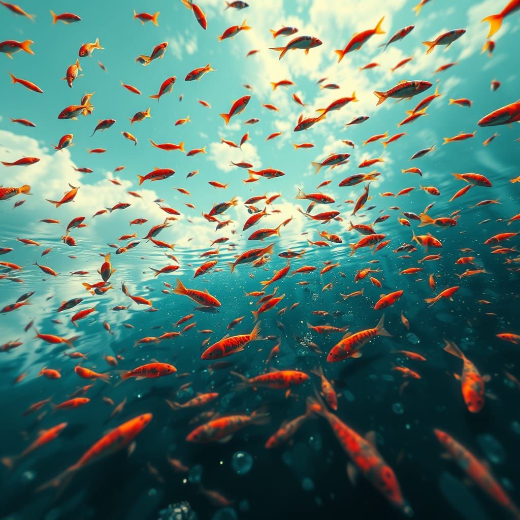Surreal Splash Art of Floating Fish in a Washed-Out Sky