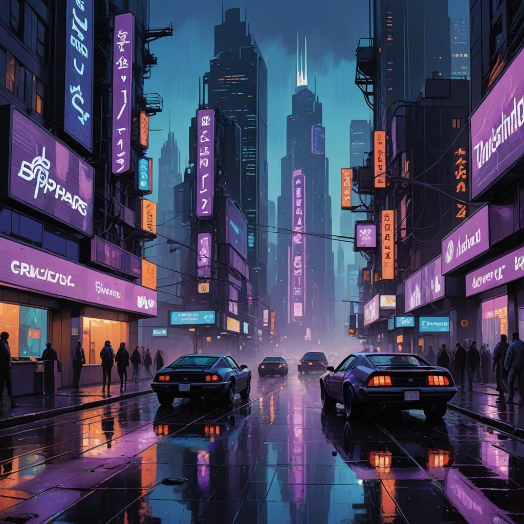 Cyberpunk Cityscape in Vibrant Blues and Purples