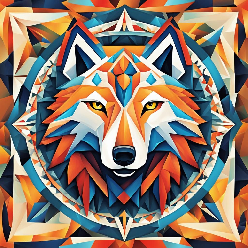 Cubist Wolf Mandala in Geometric Art Deco Style