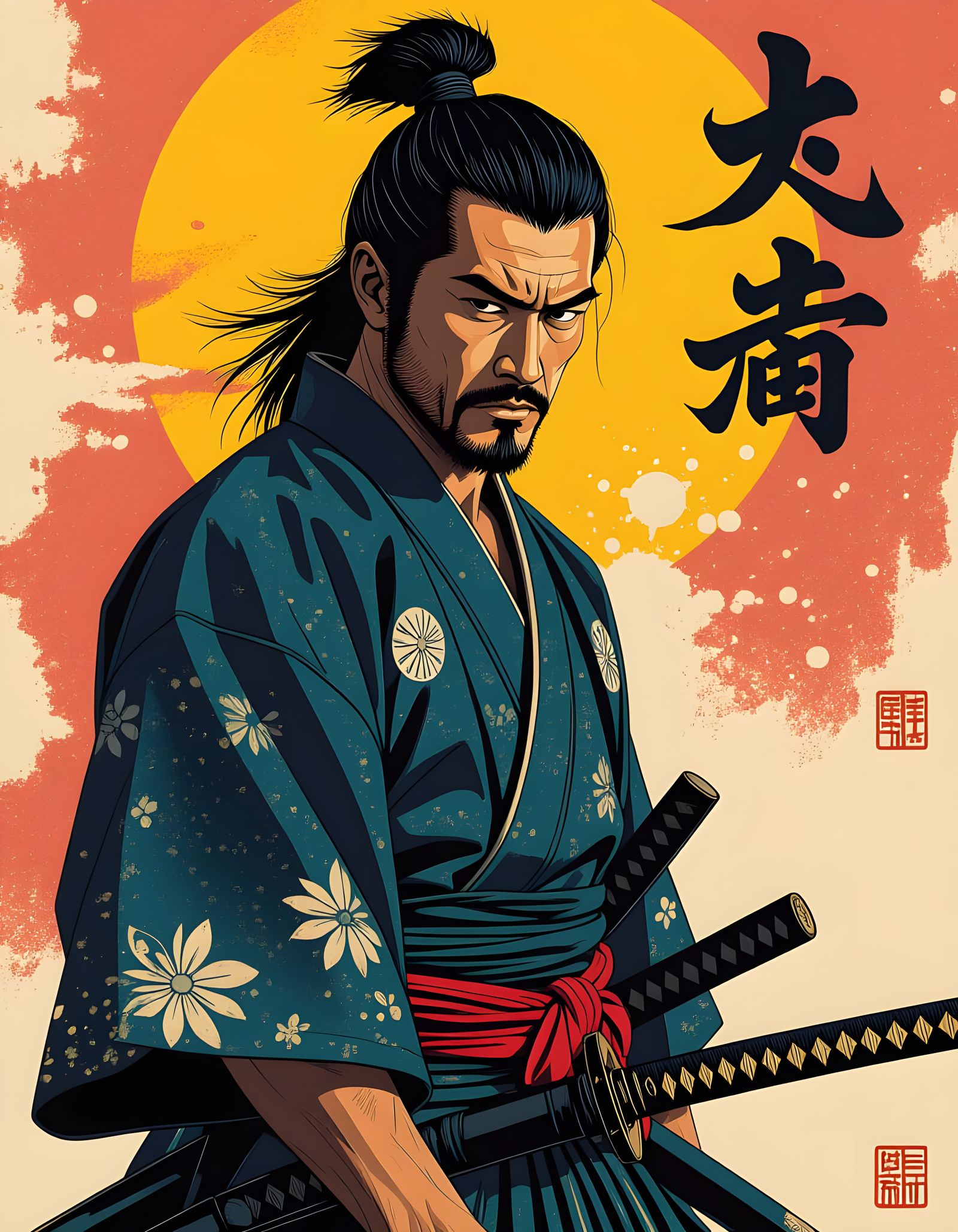 Samurai Warrior in Vibrant Splash Art Style