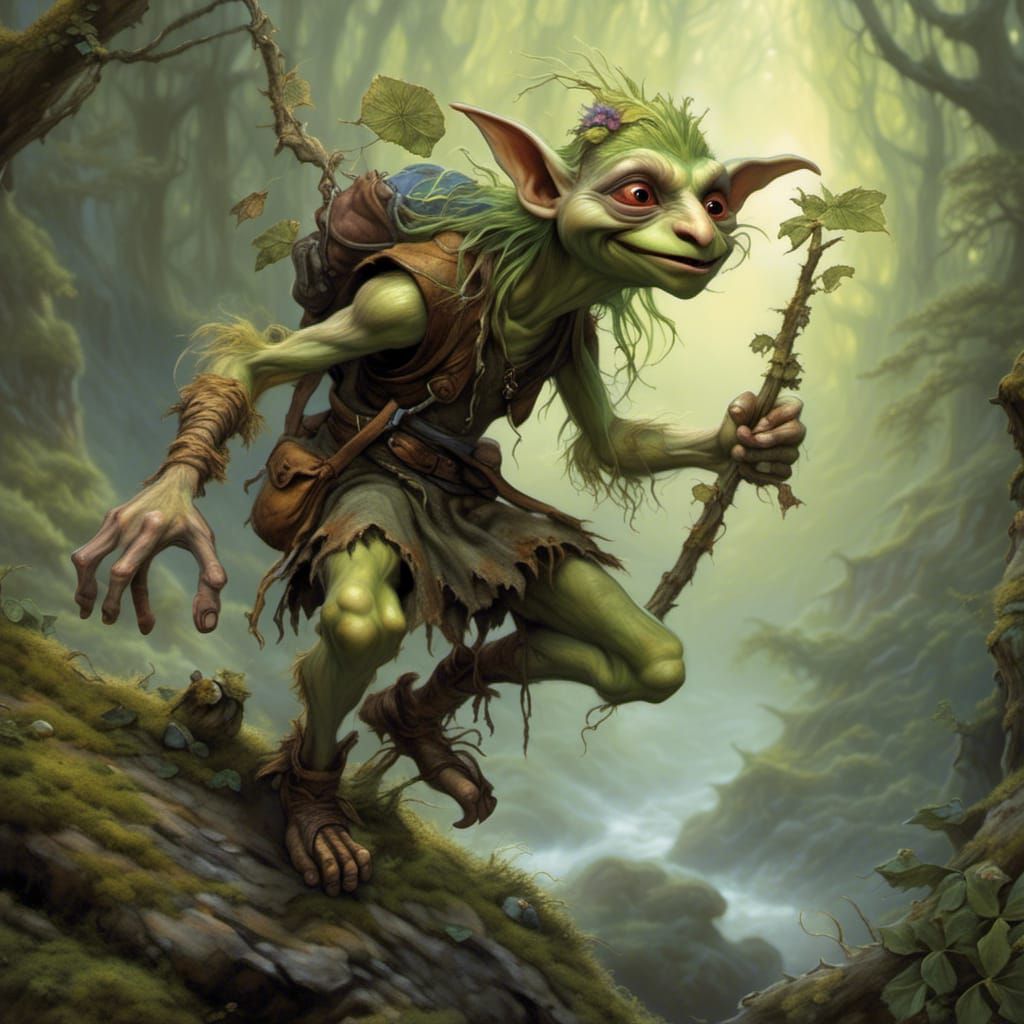 Mischievous Goblin Leaping Through Misty Woodland