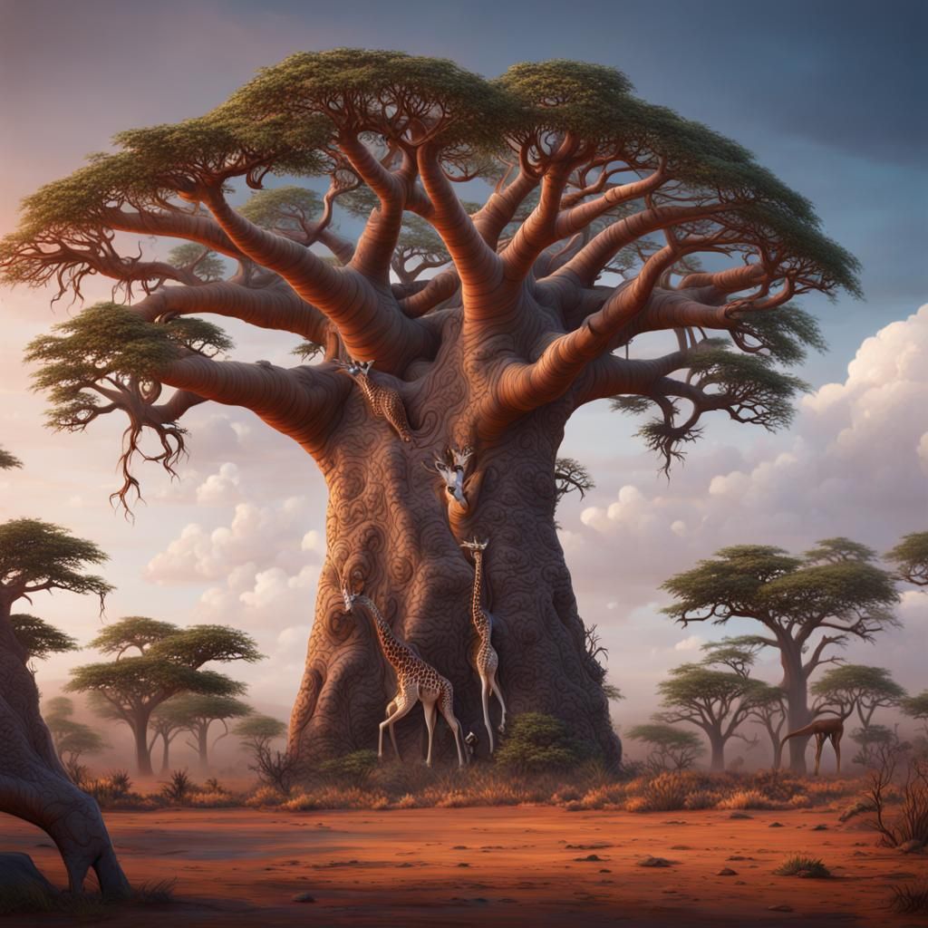 Baobab Tree and Giraffe: Detailed Matte Painting