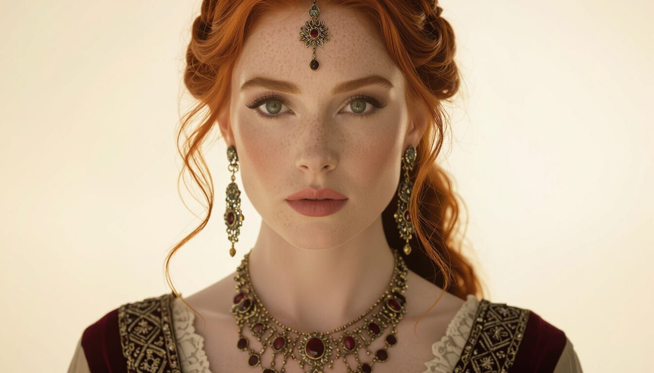 Hyperrealistic Redhead Goddess Tomiris in Ornate Jewelry