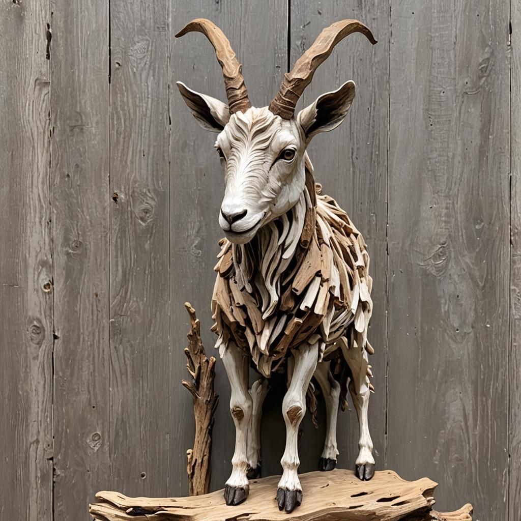 Driftwood Sculpture of a Mountain Goat
