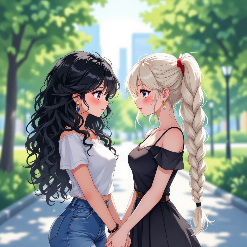Anime Style Women Hold Hands in Futuristic Park