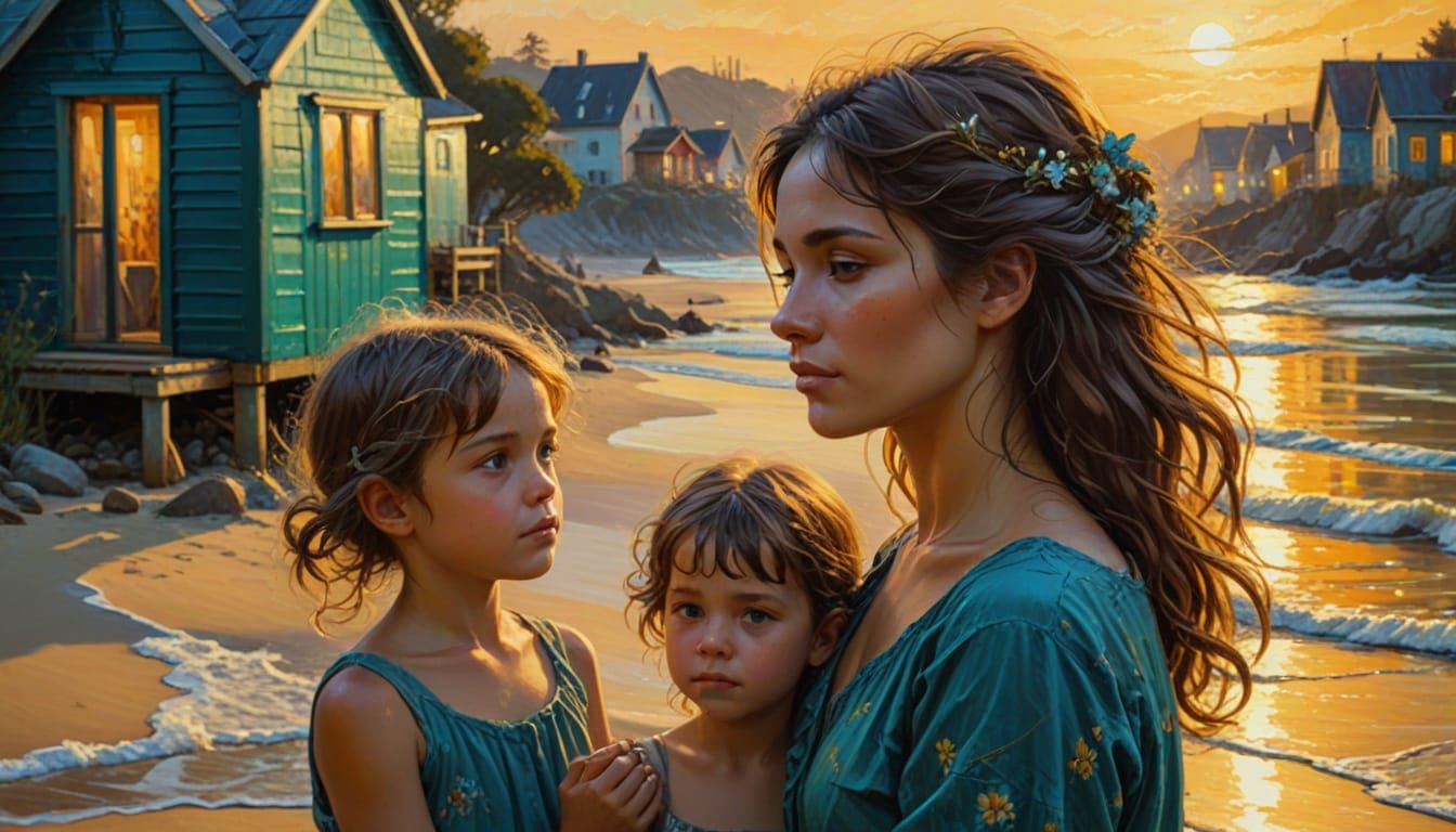 Bohemian Woman & Children by Sea Impasto Painting