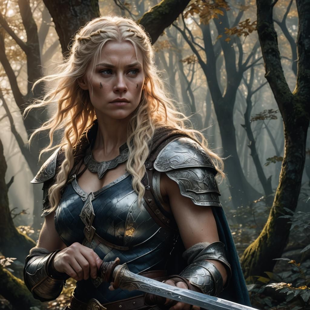 Viking Woman Training in Mystical Forest
