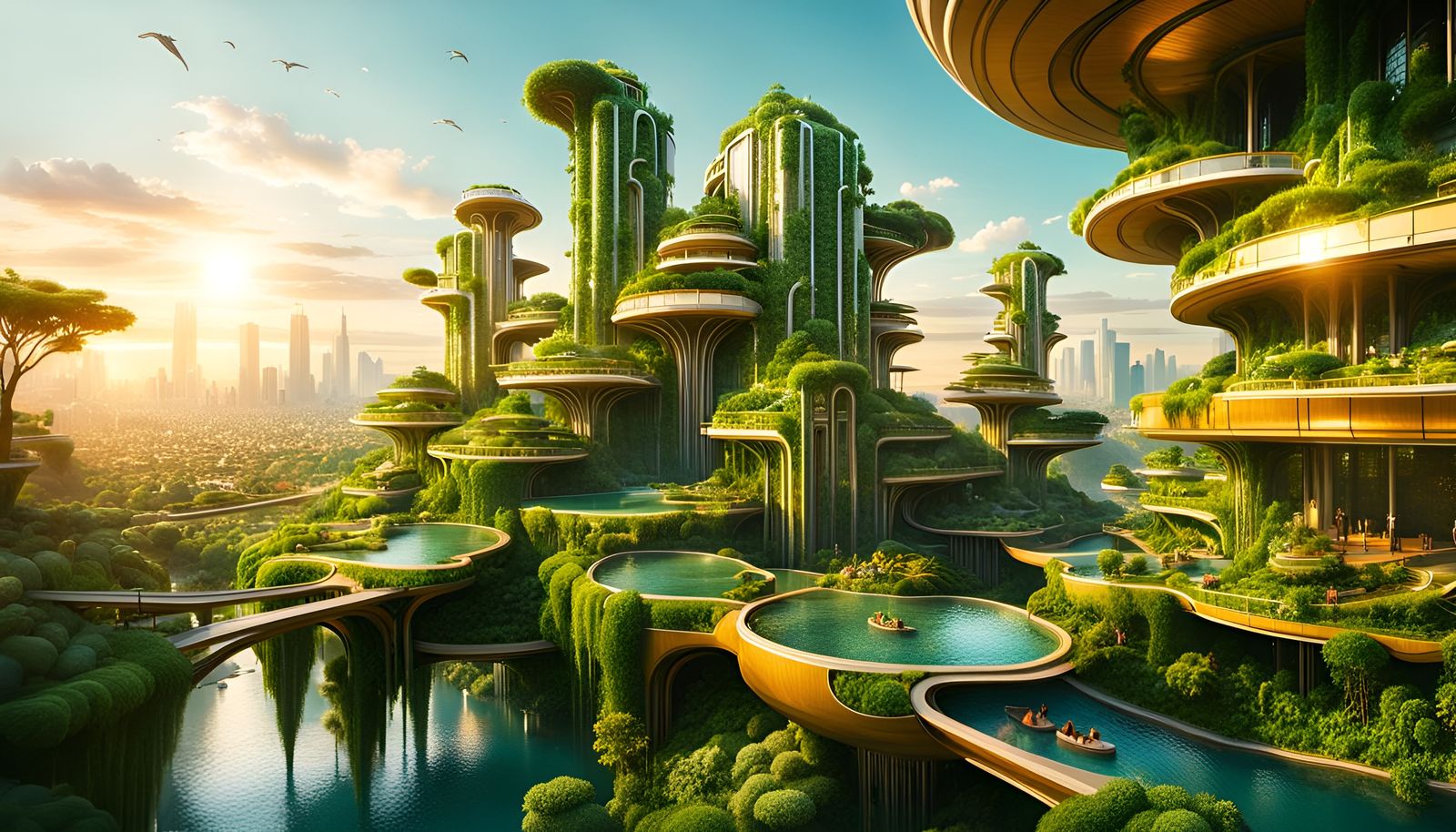Utopian Solarpunk City at Golden Hour