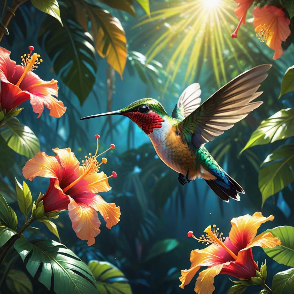 Hummingbird Sipping Nectar in Tropical Rainforest: Anime Art