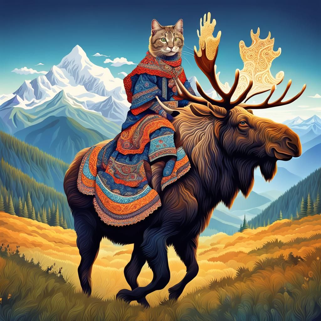 Cat Rides Moose in Carpathian Mountains