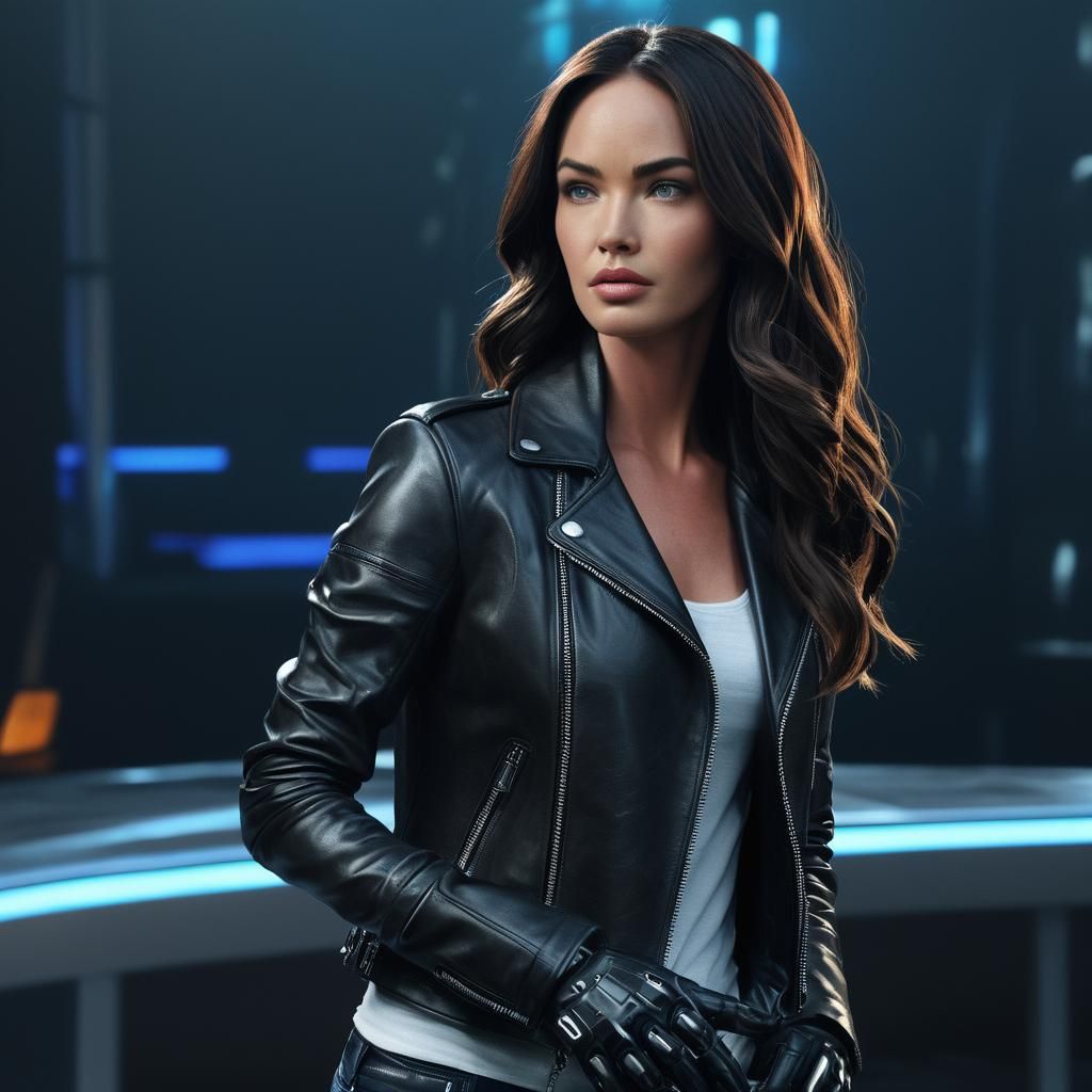Photorealistic Megan Fox in Leather Jacket, Sci-Fi Style